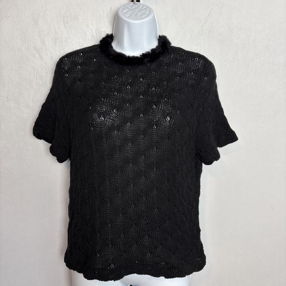 Paula Lishman Beaver Fur Sweater Women's Small Black Open Knit Short Sleeve